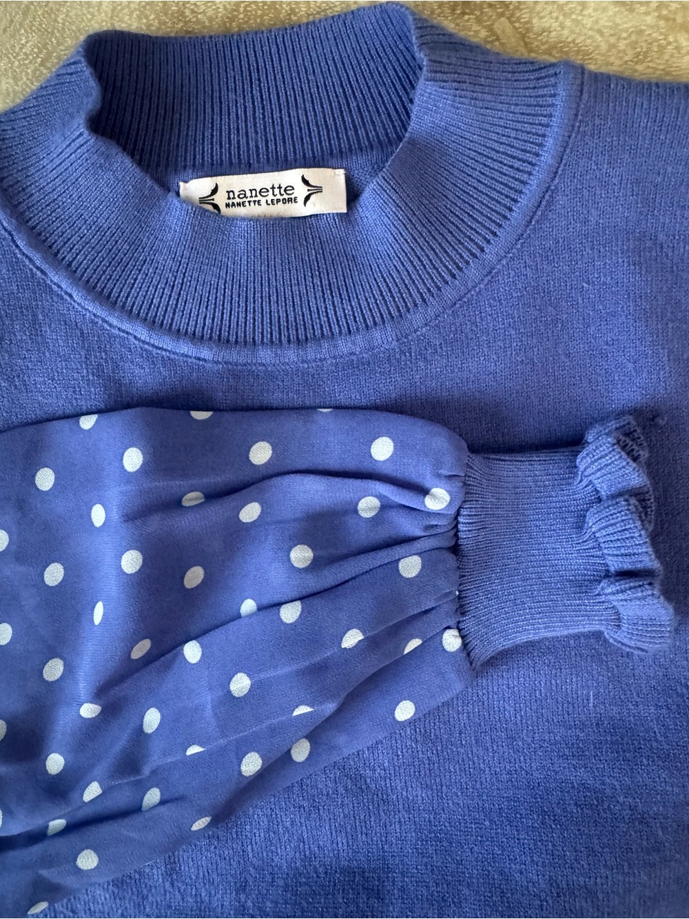 Nanette Lepore Periwinkle Knit Top with Polka Dot Sleeve Accent - Picture 3 of 8